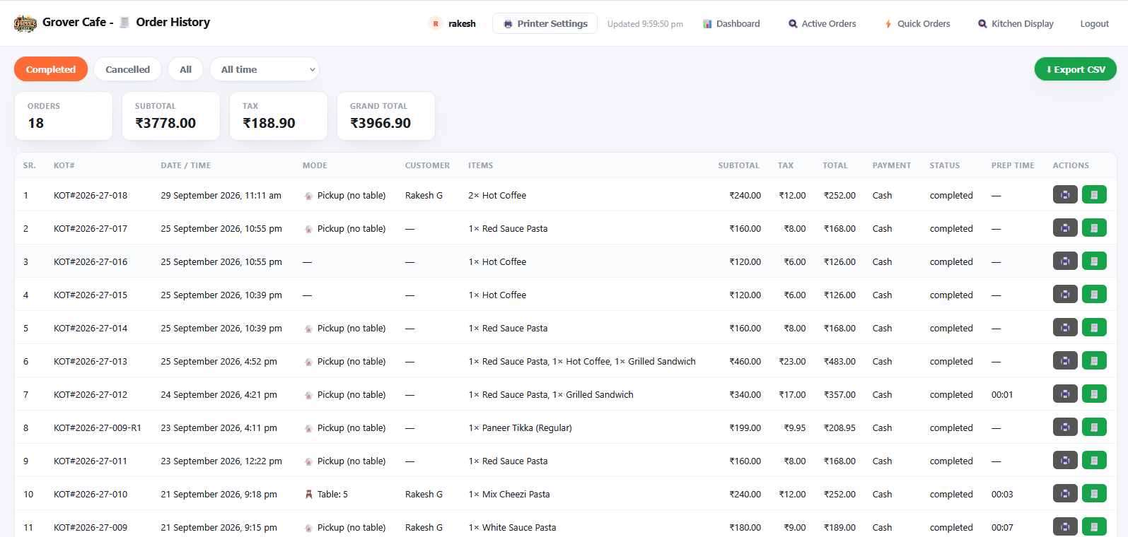 Order History screen