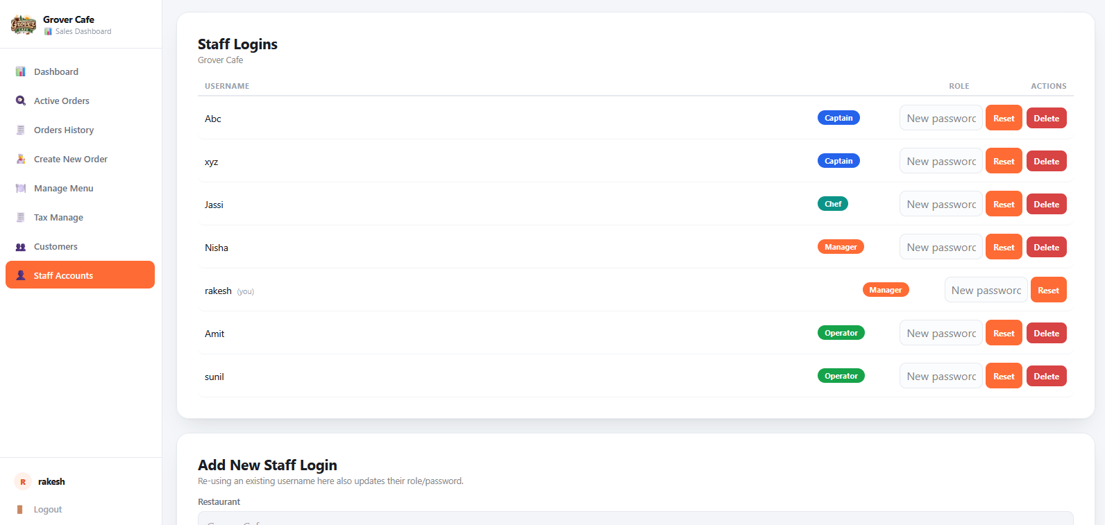 Staff Roles & Logins screen